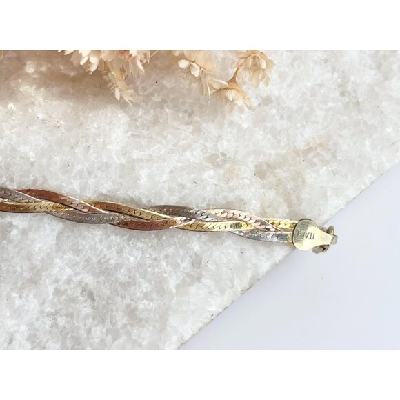 Italian HerringboneYellow Gold, Rose Gold & Silver 925 Vintage Bracelet - 7" - Picture 4 of 10